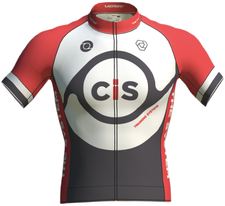 CIS Training Systems cycling kit with gray, white and red flesh looking design.