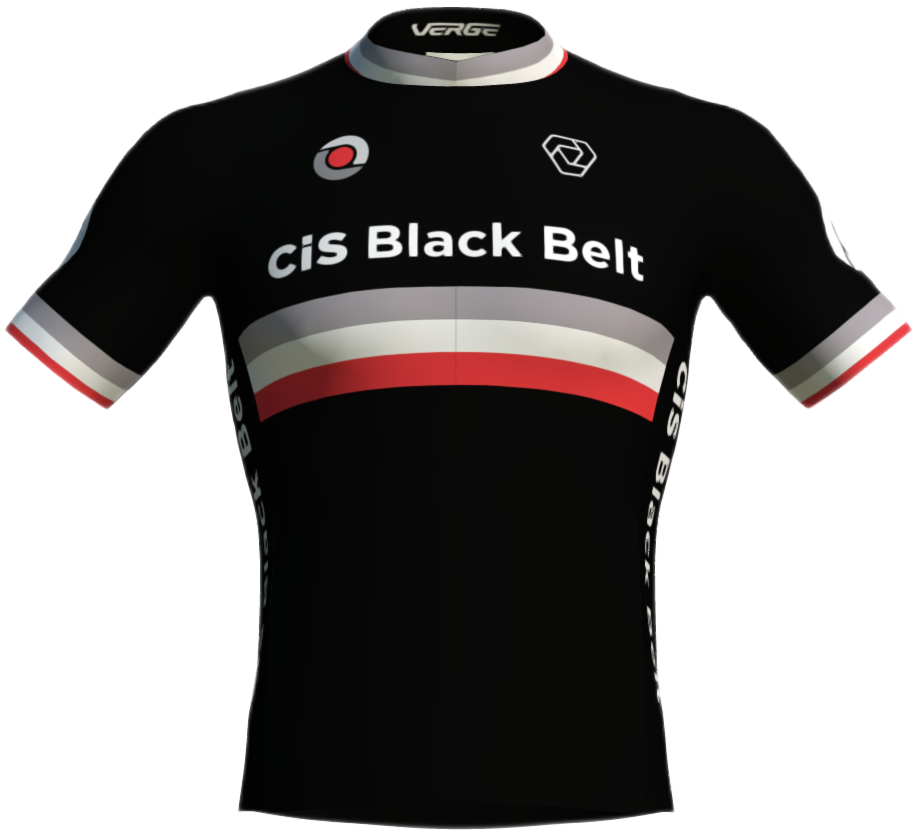 CIS Training Systems Black Belt Cycling Kit that is all black with Red, White and Gray stripes on the chest and arm bands. 