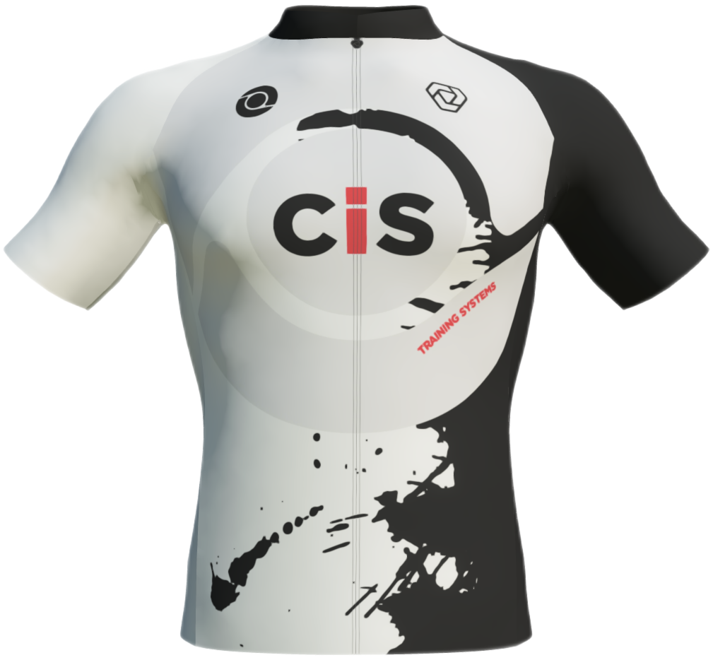 CIS Training Systems Special Edition cycling kit with black splash design with off white background.
