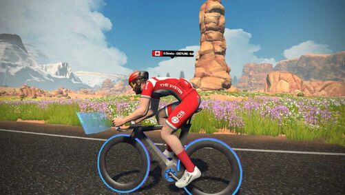 A Zwift rider, dressed in a CIS Training Systems virtual kit, is engaged in a focused workout mode. This image represents elevating cycling prowess, endurance, and power through meticulously designed indoor training regimens.